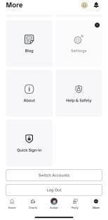 Roblox app settings menu with options for blog, settings, about, help & safety, quick sign-in, switching accounts, and logging out.