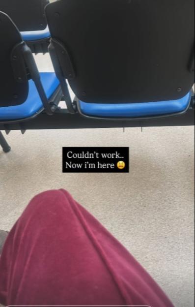 Person sitting in a waiting area with a text overlay "Couldn't work.. Now I'm here 😔".