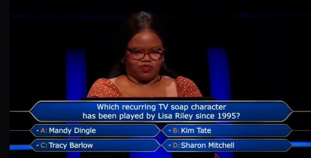 Contestant answering a question about Lisa Riley's recurring TV soap character.