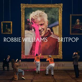 Robbie Williams Britpop album art: a painting of Robbie Williams vandalized with pink paint.
