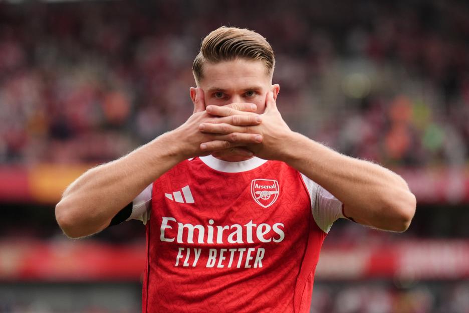 Viktor Gyokeres of Arsenal celebrates a goal.