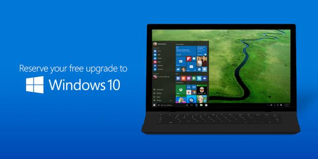 Laptop displaying the Windows 10 start menu and an advertisement for a free upgrade.