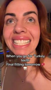 Woman smiling, showing new teeth; text overlay: