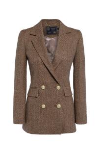 Brown herringbone double-breasted blazer.