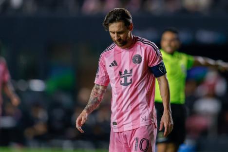 Inter Miami's Argentine forward #10 Lionel Messi reacts during the CONCACAF Champions Cup semifinal football match between Inter Miami FC and the Vancouver Whitecaps FC, at Chase Stadium in Fort Lauderdale, Florida on April 30, 2025. (Photo by Chris Arjoon / AFP) (Photo by CHRIS ARJOON/AFP via Getty Images)