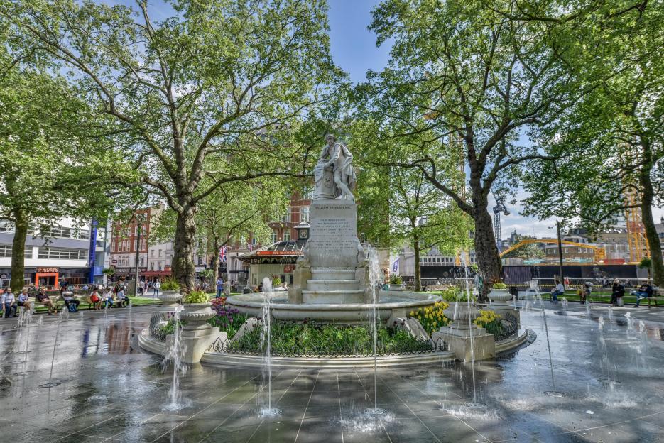 William Shakespeare statue and fountain in Leicester Square, London.