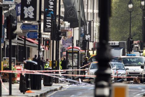 Debris on a London street following a hostage situation.