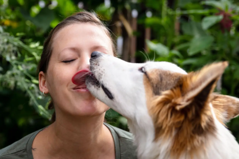 Woman and dog nuzzling.