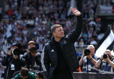 Eddie Howe, Newcastle United manager, waves to the crowd.