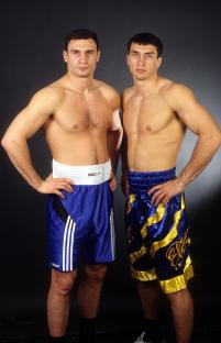 Vitali and Wladimir Klitschko in boxing shorts.