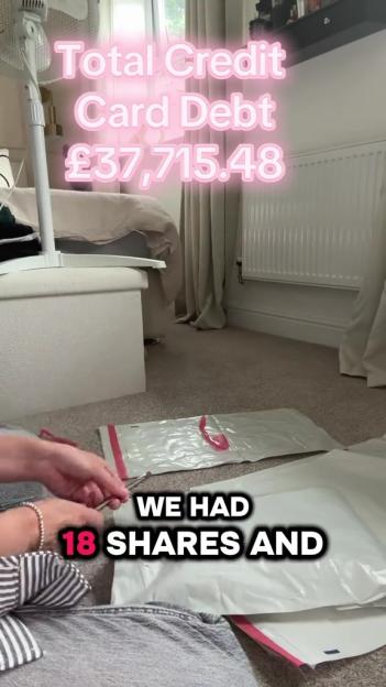 Person packing items, with text overlay showing £37,715.48 credit card debt and 18 shares.