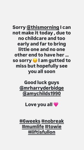 Image of a message explaining the cancellation of a television appearance due to childcare issues.