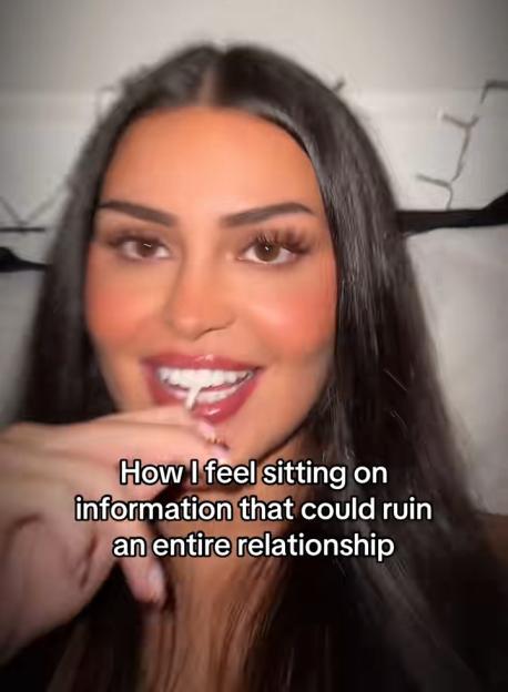 Emma Munro smiling with text reading, "How I feel sitting on information that could ruin an entire relationship".