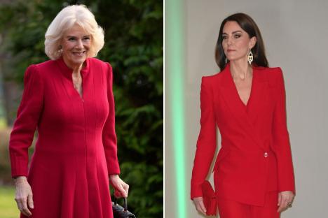 An image collage containing 2 images, Image 1 shows Queen Camilla arriving at Lille Barracks in Aldershot, Image 2 shows Catherine, Princess of Wales, in a red pantsuit at an event