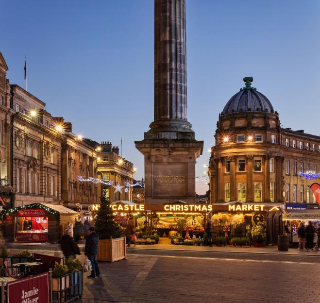 The Newcastle Christmas Market at dusk.
