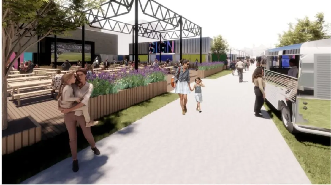 Rendering of an outdoor plaza with seating, food vendors, and people walking.