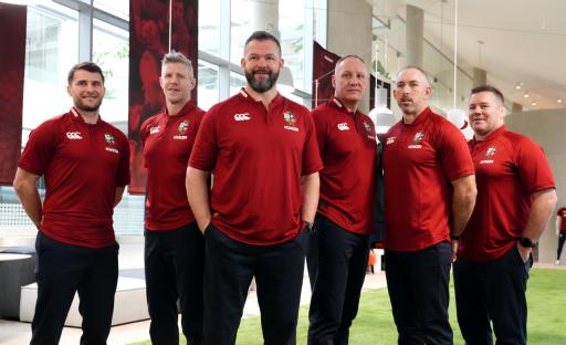 British and Irish Lions head coach Andy Farrell (third left) poses with his assistants Richard Wigglesworth, Simon Easterby, John Dalziel, Andrew Goodman and John Fogarty (left to right) at Johnson Gardens, London. Picture date: Wednesday March 26, 2025. PA Photo. See PA story RUGBYU Lions. Photo credit should read: John Walton/PA Wire. RESTRICTIONS: Use subject to restrictions. Editorial use only, no commercial use without prior consent from rights holder.
