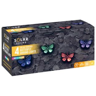 Box of four solar-powered butterfly ground lights.