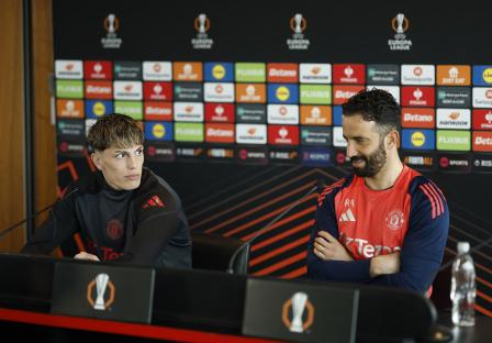 Alejandro Garnacho and manager Ruben Amorim at a press conference.