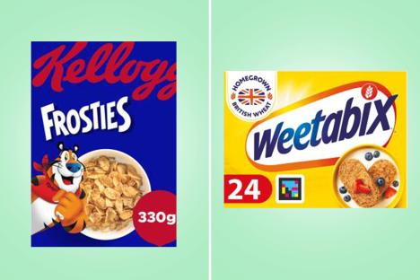 Kellogg's Frosted Flakes and Weetabix boxes.
