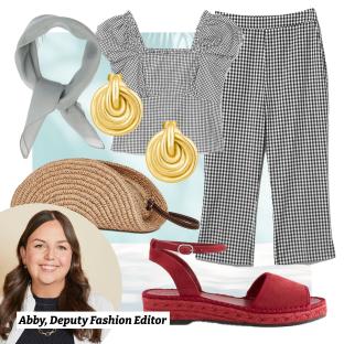 Collage of summer outfit: gingham top and pants, straw bag, sandals, silk scarf, and gold earrings.