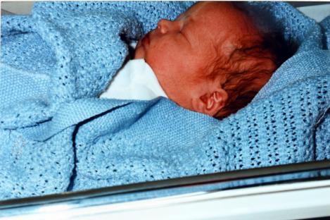 Newborn baby boy sleeping in a blue blanket.