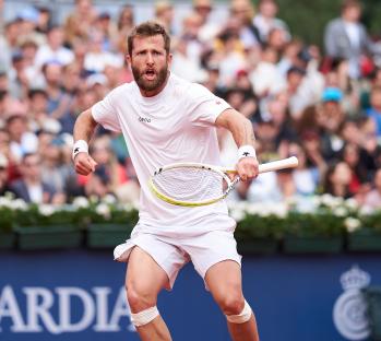 Corentin Moutet of France celebrates a point during a tennis match.