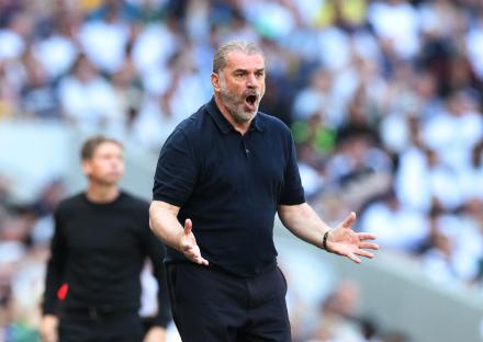Ange Postecoglou, Tottenham Hotspur manager, coaching during a soccer match.