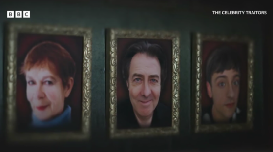 Three framed portraits of Celebrity Traitors contestants.