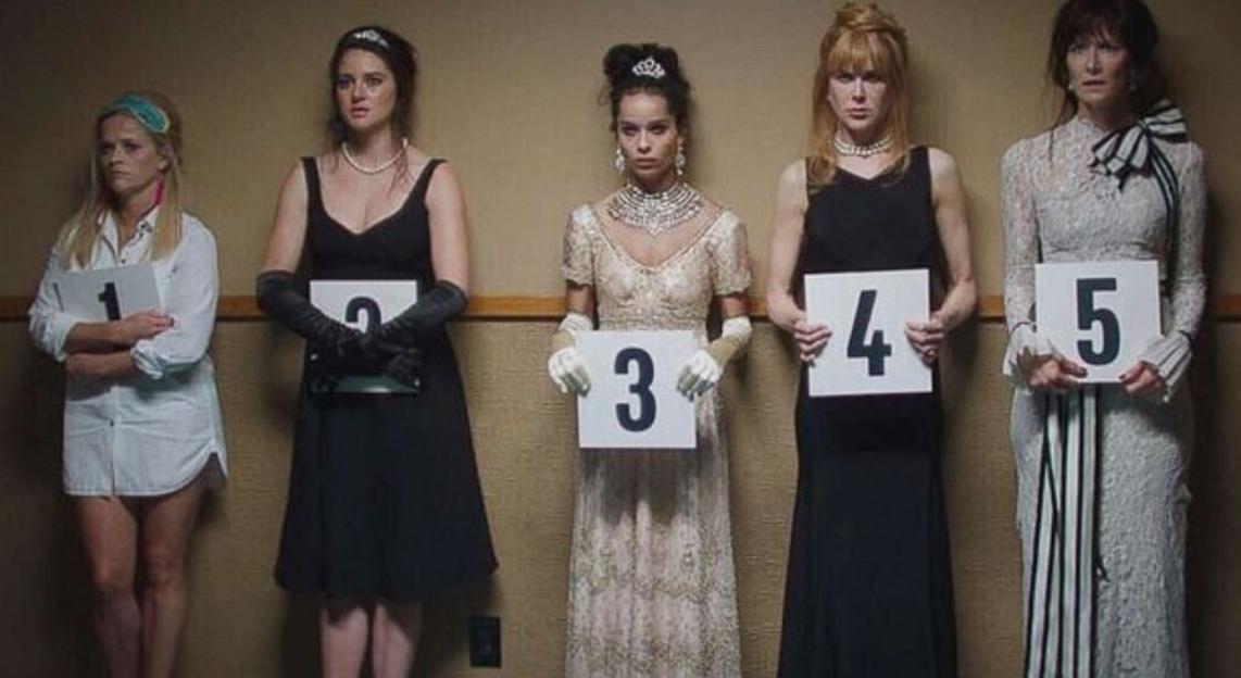 Five women from HBO's Big Little Lies 2 in a police lineup.