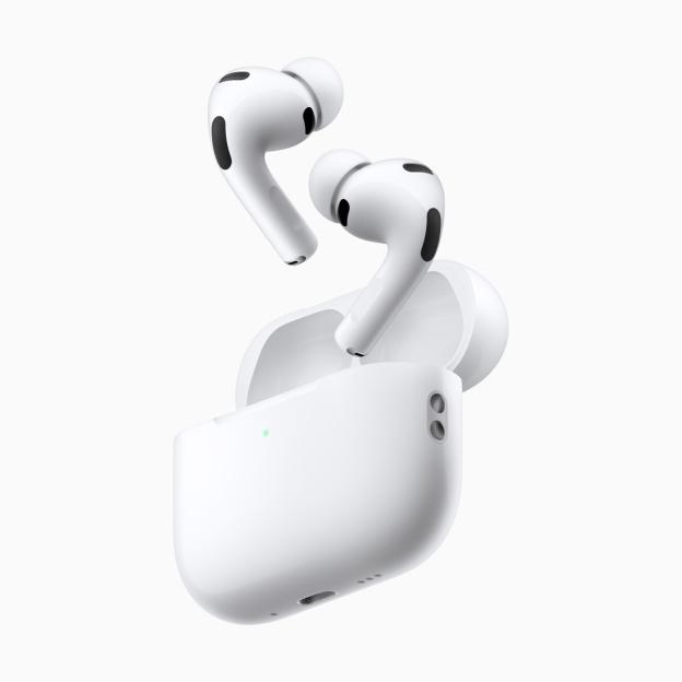 Illustration of two white AirPods Pro 3 earbuds floating above their open charging case.