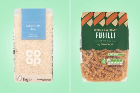 Bags of long grain rice and wholewheat fusilli pasta.