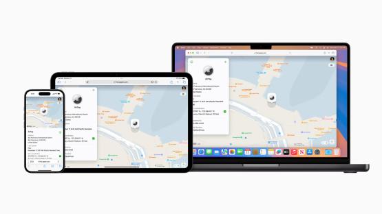 Illustration of AirTag location displayed on iPhone, iPad, and MacBook screens.