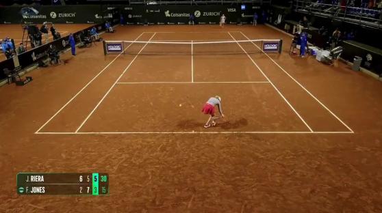 Tennis player Fran Jones faints during a match.