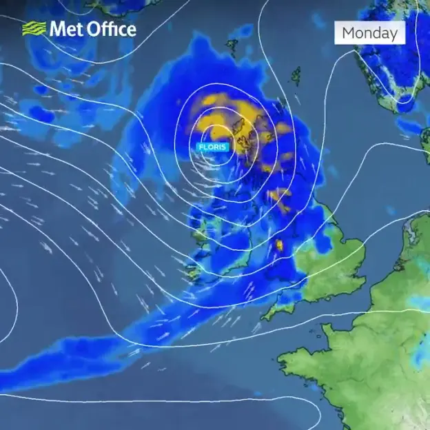 Met Office weather chart showing storm over UK.