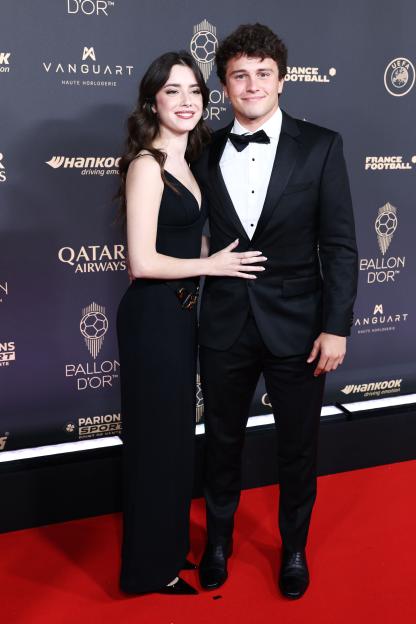 Madalena Aragao and Joao Neves on the red carpet at the 69th Ballon d'Or Awards.