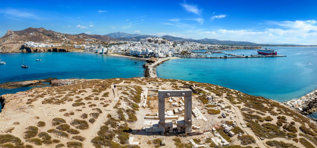 Aerial view of the Portara Gate, Naxos, Greece.