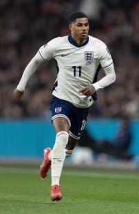 Marcus Rashford of England in action during a soccer match.