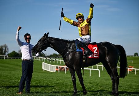 Paul Townend celebrates winning the Punchestown Gold Cup on Galopin Des Champs.