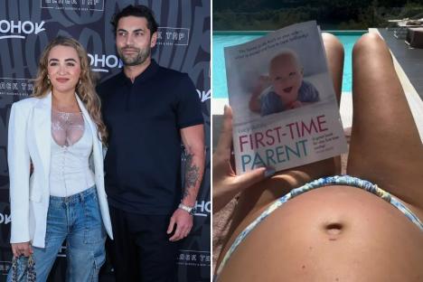 Love Island’s Georgia Harrison shows off baby bump for first time after revealing pregnancy as she sunbathes by the pool