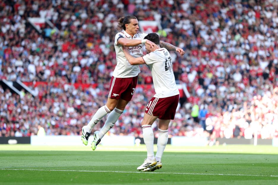 Arsenal's Calafiori and Rice celebrating a goal.