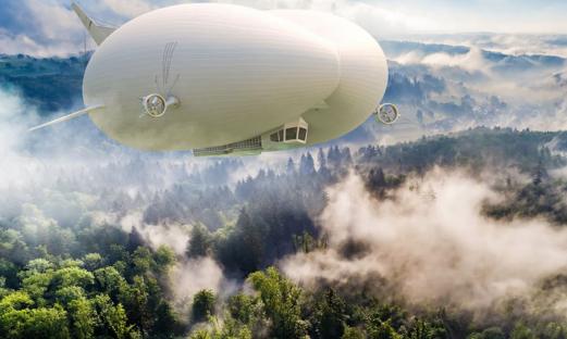A white airship flying over a misty forest.