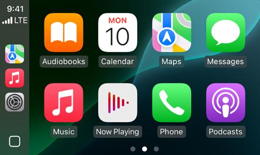 CarPlay screen showing apps including Maps, Messages, Music, and Podcasts.