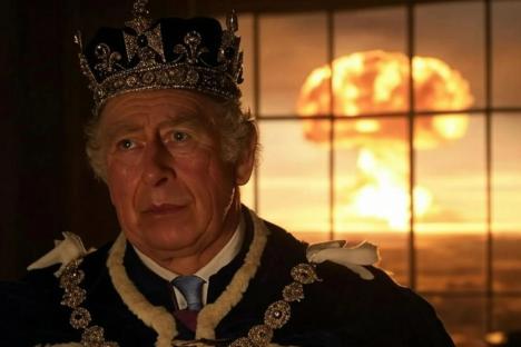 Putin mouthpiece shares chilling AI pic of Russian NUKE blowing up behind King Charles amid spate of Russian WW3 threats