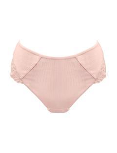 Pink high-waisted briefs with lace trim.