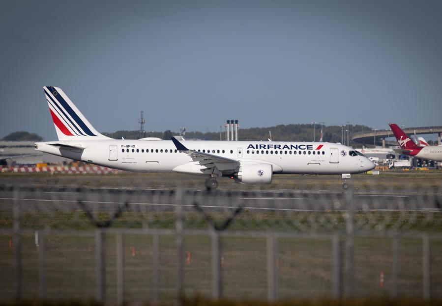 Air France flight AF 1681 taxis to the runway at London's Heathrow Airport.