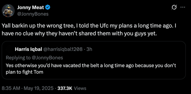 Screenshot of a Twitter exchange between Jonny Meat and Harris Iqbal regarding Jonny Meat's UFC plans.