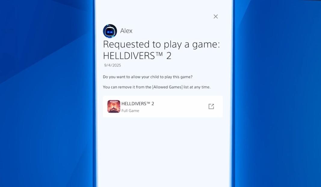 PlayStation parental control app notification: child requesting to play Helldivers™ 2.