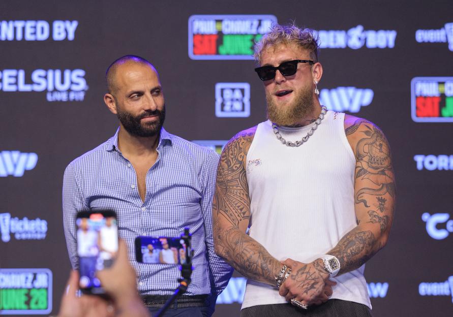 Nakisa Bidarian and Jake Paul at a press conference.