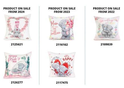 Collage of five Me to You cushions with different designs and product numbers.